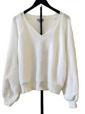 Warm & Cozy Lifestyle Nubby Fuzzy Pullover V-Neck Sweater White Knit Size Large